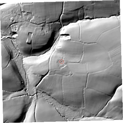 Shaded relief map of the ground around EX202AF, computed from Environment Agency LiDAR. The ground here sits at about 135 m above sea level and falls 49 m across the surrounding 800 m. Surface water reaching this point runs off ground lying to the east, 24.5 m higher.