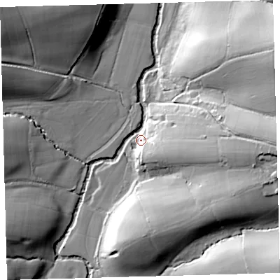 Shaded relief map of the ground around EX202AH, computed from Environment Agency LiDAR. The ground here sits at about 101 m above sea level and falls 41 m across the surrounding 800 m. Surface water reaching this point runs off ground lying to the east, 34.8 m higher.