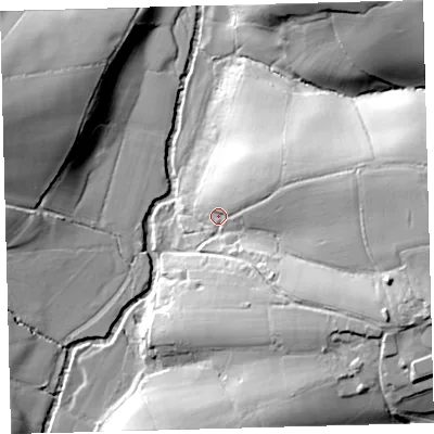 Shaded relief map of the ground around EX202AJ, computed from Environment Agency LiDAR. The ground here sits at about 108 m above sea level and falls 49 m across the surrounding 800 m. Surface water reaching this point runs off ground lying to the east, 32.2 m higher.