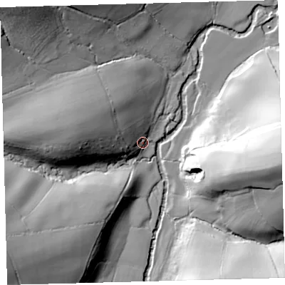 Shaded relief map of the ground around EX202AU, computed from Environment Agency LiDAR. The ground here sits at about 100 m above sea level and falls 53 m across the surrounding 800 m. Surface water reaching this point runs off ground lying to the west-north-west, 13.1 m higher.