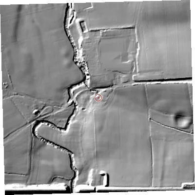 Shaded relief map of the ground around EX202BB, computed from Environment Agency LiDAR. The ground here sits at about 121 m above sea level and falls 27 m across the surrounding 800 m. Surface water reaching this point runs off ground lying to the east-north-east, 23.6 m higher.