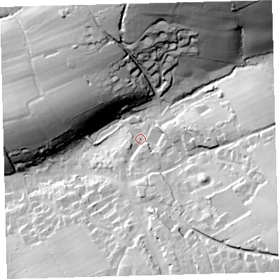 Shaded relief map of the ground around EX202DE, computed from Environment Agency LiDAR. The ground here sits at about 132 m above sea level and falls 54 m across the surrounding 800 m. Surface water reaching this point runs off ground lying to the south-east, 39.0 m higher.