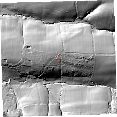 Shaded relief map of the ground around EX202DH, computed from Environment Agency LiDAR. The ground here sits at about 165 m above sea level and falls 50 m across the surrounding 800 m. Surface water reaching this point runs off ground lying to the north-east, 2.6 m higher.