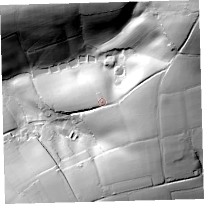Shaded relief map of the ground around EX202DR, computed from Environment Agency LiDAR. The ground here sits at about 174 m above sea level and falls 67 m across the surrounding 800 m. Surface water reaching this point runs off ground lying to the east-south-east, 11.3 m higher.