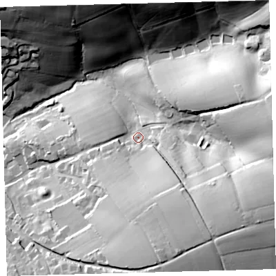 Shaded relief map of the ground around EX202DS, computed from Environment Agency LiDAR. The ground here sits at about 150 m above sea level and falls 52 m across the surrounding 800 m. Surface water reaching this point runs off ground lying to the south-east, 33.8 m higher.