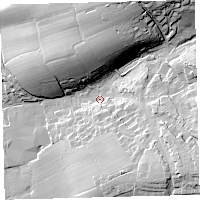 Shaded relief map of the ground around EX202DT, computed from Environment Agency LiDAR. The ground here sits at about 124 m above sea level and falls 49 m across the surrounding 800 m. Surface water reaching this point runs off ground lying to the south-east, 37.2 m higher.