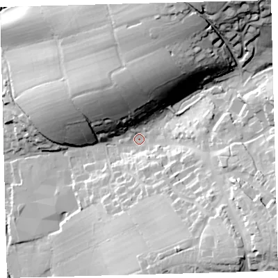 Shaded relief map of the ground around EX202DU, computed from Environment Agency LiDAR. The ground here sits at about 123 m above sea level and falls 50 m across the surrounding 800 m. Surface water reaching this point runs off ground lying to the north-north-east, 42.5 m higher.