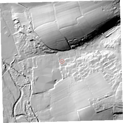 Shaded relief map of the ground around EX202DY, computed from Environment Agency LiDAR. The ground here sits at about 121 m above sea level and falls 48 m across the surrounding 800 m. Surface water reaching this point runs off ground lying to the east-south-east, 6.7 m higher.