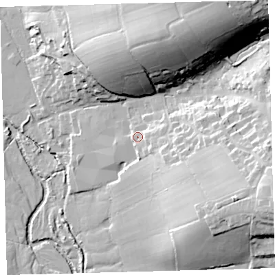 Shaded relief map of the ground around EX202DZ, computed from Environment Agency LiDAR. The ground here sits at about 123 m above sea level and falls 45 m across the surrounding 800 m. Surface water reaching this point runs off ground lying to the east-south-east, 13.6 m higher.