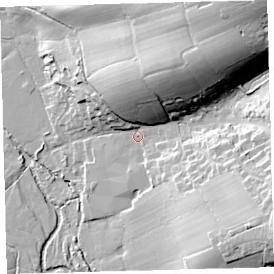 Shaded relief map of the ground around EX202EB, computed from Environment Agency LiDAR. The ground here sits at about 120 m above sea level and falls 50 m across the surrounding 800 m. Surface water reaching this point runs off ground lying to the north-east, 35.7 m higher.