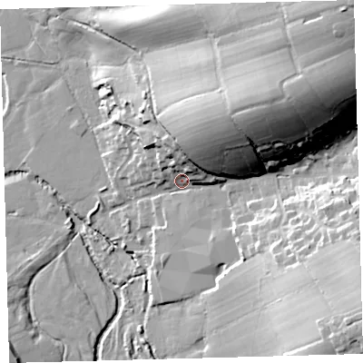 Shaded relief map of the ground around EX202ED, computed from Environment Agency LiDAR. The ground here sits at about 120 m above sea level and falls 52 m across the surrounding 800 m. Surface water reaching this point runs off ground lying to the north-east, 29.9 m higher.