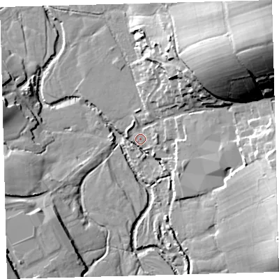Shaded relief map of the ground around EX202EE, computed from Environment Agency LiDAR. The ground here sits at about 114 m above sea level and falls 43 m across the surrounding 800 m. Surface water reaching this point runs off ground lying to the north-east, 39.0 m higher.