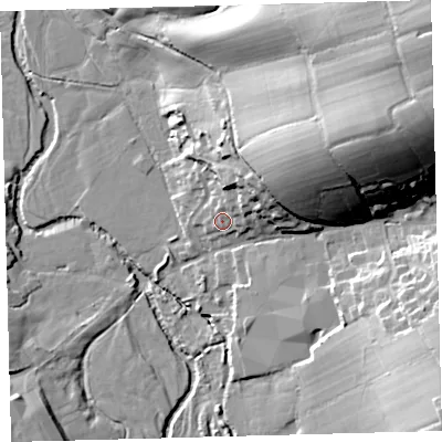 Shaded relief map of the ground around EX202EH, computed from Environment Agency LiDAR. The ground here sits at about 119 m above sea level and falls 47 m across the surrounding 800 m. Surface water reaching this point runs off ground lying to the north-east, 23.8 m higher.