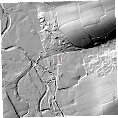 Shaded relief map of the ground around EX202FF, computed from Environment Agency LiDAR. The ground here sits at about 117 m above sea level and falls 48 m across the surrounding 800 m. Surface water reaching this point runs off ground lying to the south-east, 2.7 m higher.