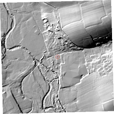 Shaded relief map of the ground around EX202GT, computed from Environment Agency LiDAR. The ground here sits at about 116 m above sea level and falls 47 m across the surrounding 800 m. Surface water reaching this point runs off ground lying to the north-east, 39.6 m higher.