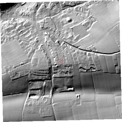 Shaded relief map of the ground around EX202GU, computed from Environment Agency LiDAR. The ground here sits at about 158 m above sea level and falls 54 m across the surrounding 800 m. Surface water reaching this point runs off ground lying to the east-south-east, 2.6 m higher.