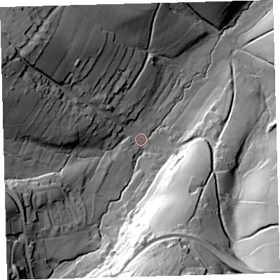 Shaded relief map of the ground around EX202JX, computed from Environment Agency LiDAR. The ground here sits at about 188 m above sea level and falls 75 m across the surrounding 800 m. Surface water reaching this point runs off ground lying to the west-north-west, 42.3 m higher.