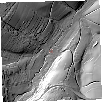Shaded relief map of the ground around EX202JY, computed from Environment Agency LiDAR. The ground here sits at about 188 m above sea level and falls 79 m across the surrounding 800 m. Surface water reaching this point runs off ground lying to the south-east, 70.6 m higher.