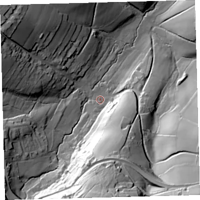 Shaded relief map of the ground around EX202JZ, computed from Environment Agency LiDAR. The ground here sits at about 189 m above sea level and falls 86 m across the surrounding 800 m. Surface water reaching this point runs off ground lying to the south-south-east, 45.8 m higher.