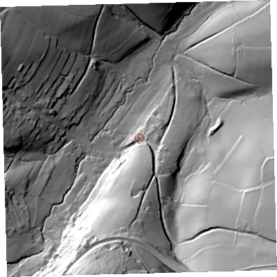 Shaded relief map of the ground around EX202LA, computed from Environment Agency LiDAR. The ground here sits at about 195 m above sea level and falls 85 m across the surrounding 800 m. Surface water reaching this point runs off ground lying to the south, 46.2 m higher.