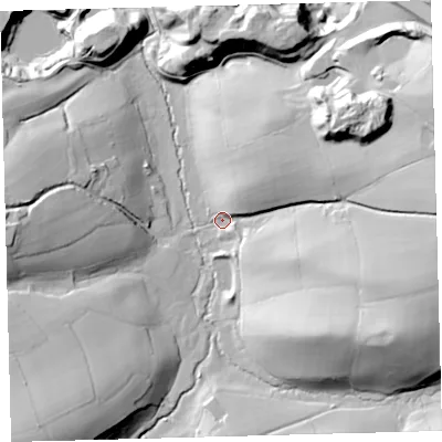 Shaded relief map of the ground around EX202LN, computed from Environment Agency LiDAR. The ground here sits at about 172 m above sea level and falls 45 m across the surrounding 800 m. Surface water reaching this point runs off ground lying to the south-west, 41.3 m higher.