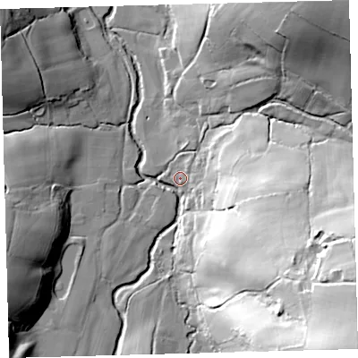 Shaded relief map of the ground around EX202LU, computed from Environment Agency LiDAR. The ground here sits at about 148 m above sea level and falls 68 m across the surrounding 800 m. Surface water reaching this point runs off ground lying to the south-east, 64.2 m higher.