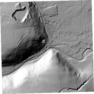 Shaded relief map of the ground around EX202NH, computed from Environment Agency LiDAR. The ground here sits at about 207 m above sea level and falls 104 m across the surrounding 800 m. Surface water reaching this point runs off ground lying to the south-west, 92.2 m higher.