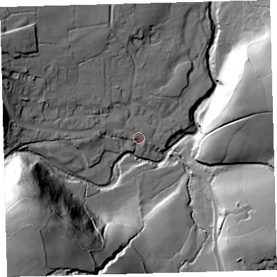 Shaded relief map of the ground around EX202NP, computed from Environment Agency LiDAR. The ground here sits at about 196 m above sea level and falls 106 m across the surrounding 800 m. Surface water reaching this point runs off ground lying to the west-north-west, 4.6 m higher.