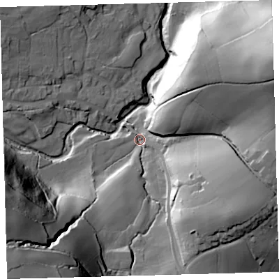 Shaded relief map of the ground around EX202NR, computed from Environment Agency LiDAR. The ground here sits at about 195 m above sea level and falls 101 m across the surrounding 800 m. Surface water reaching this point runs off ground lying to the south-west, 77.1 m higher.