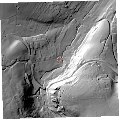 Shaded relief map of the ground around EX202NZ, computed from Environment Agency LiDAR. The ground here sits at about 198 m above sea level and falls 96 m across the surrounding 800 m. Surface water reaching this point runs off ground lying to the south-west, 84.1 m higher.