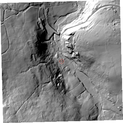Shaded relief map of the ground around EX202PY, computed from Environment Agency LiDAR. The ground here sits at about 222 m above sea level and falls 132 m across the surrounding 800 m. Surface water reaching this point runs off ground lying to the south-west, 88.6 m higher.