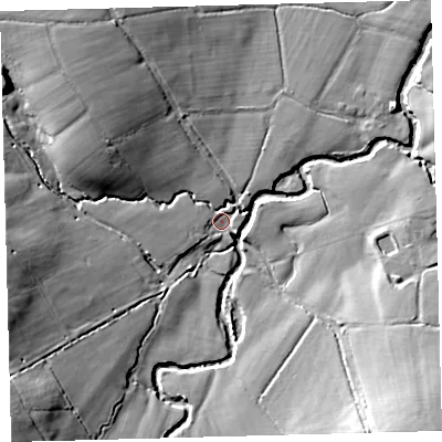 Shaded relief map of the ground around EX202SE, computed from Environment Agency LiDAR. The ground here sits at about 128 m above sea level and falls 26 m across the surrounding 800 m. Surface water reaching this point runs off ground lying to the west-north-west, 19.6 m higher.