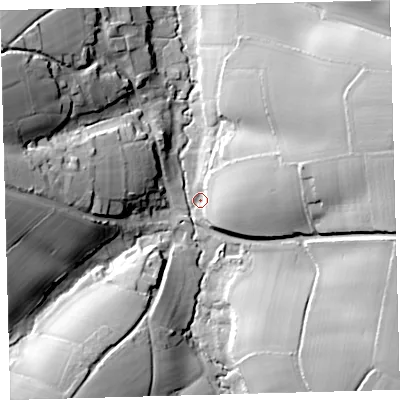 Shaded relief map of the ground around EX202TB, computed from Environment Agency LiDAR. The ground here sits at about 128 m above sea level and falls 38 m across the surrounding 800 m. Surface water reaching this point runs off ground lying to the east-north-east, 31.4 m higher.