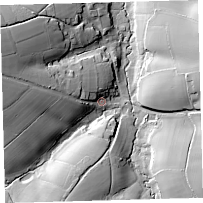 Shaded relief map of the ground around EX202TG, computed from Environment Agency LiDAR. The ground here sits at about 133 m above sea level and falls 48 m across the surrounding 800 m. Surface water reaching this point runs off ground lying to the west-north-west, 37.0 m higher.