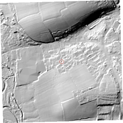Shaded relief map of the ground around EX202TP, computed from Environment Agency LiDAR. The ground here sits at about 129 m above sea level and falls 44 m across the surrounding 800 m. Surface water reaching this point runs off ground lying to the south-east, 10.4 m higher.