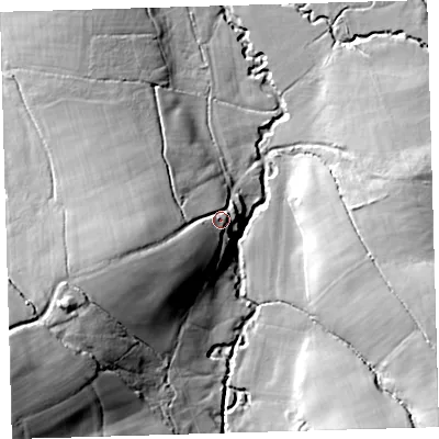 Shaded relief map of the ground around EX203AW, computed from Environment Agency LiDAR. The ground here sits at about 108 m above sea level and falls 45 m across the surrounding 800 m. Surface water reaching this point runs off ground lying to the west-south-west, 18.5 m higher.