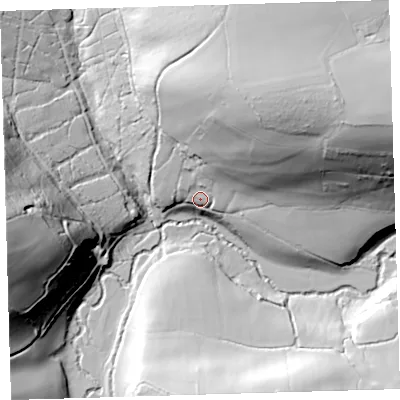 Shaded relief map of the ground around EX203DU, computed from Environment Agency LiDAR. The ground here sits at about 58 m above sea level and falls 65 m across the surrounding 800 m. Surface water reaching this point runs off ground lying to the north-east, 53.8 m higher.