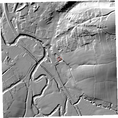 Shaded relief map of the ground around EX203DY, computed from Environment Agency LiDAR. The ground here sits at about 68 m above sea level and falls 57 m across the surrounding 800 m. Surface water reaching this point runs off ground lying to the east-north-east, 39.5 m higher.