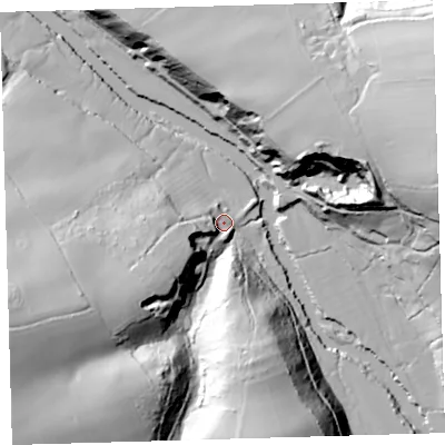 Shaded relief map of the ground around EX203EN, computed from Environment Agency LiDAR. The ground here sits at about 52 m above sea level and falls 54 m across the surrounding 800 m. Surface water reaching this point runs off ground lying to the south-west, 32.3 m higher.