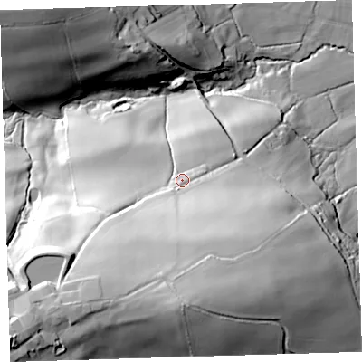 Shaded relief map of the ground around EX203ET, computed from Environment Agency LiDAR. The ground here sits at about 98 m above sea level and falls 73 m across the surrounding 800 m. Surface water reaching this point runs off ground lying to the south, 36.8 m higher.