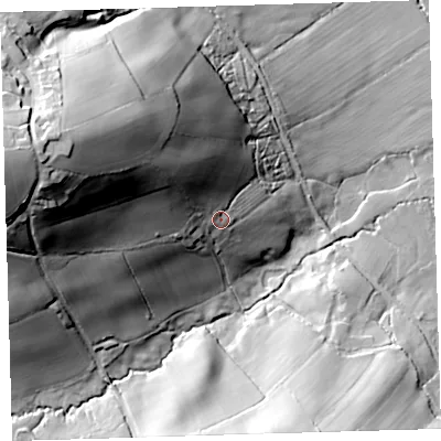Shaded relief map of the ground around EX203HP, computed from Environment Agency LiDAR. The ground here sits at about 84 m above sea level and falls 73 m across the surrounding 800 m. Surface water reaching this point runs off ground lying to the west-north-west, 45.6 m higher.