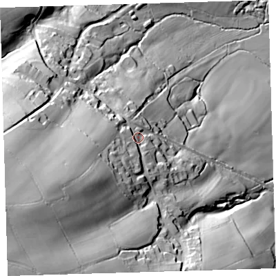 Shaded relief map of the ground around EX203HQ, computed from Environment Agency LiDAR. The ground here sits at about 109 m above sea level and falls 79 m across the surrounding 800 m. Surface water reaching this point runs off ground lying to the south-west, 31.8 m higher.