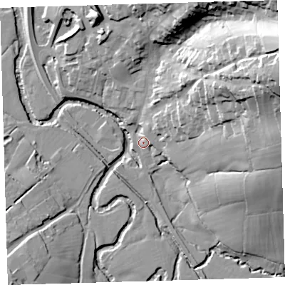 Shaded relief map of the ground around EX203JA, computed from Environment Agency LiDAR. The ground here sits at about 68 m above sea level and falls 53 m across the surrounding 800 m. Surface water reaching this point runs off ground lying to the east-north-east, 48.0 m higher.