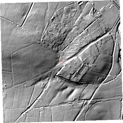 Shaded relief map of the ground around EX203LR, computed from Environment Agency LiDAR. The ground here sits at about 81 m above sea level and falls 31 m across the surrounding 800 m. Surface water reaching this point runs off ground lying to the west-north-west, 11.7 m higher.