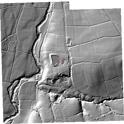 Shaded relief map of the ground around EX203LS, computed from Environment Agency LiDAR. The ground here sits at about 84 m above sea level and falls 27 m across the surrounding 800 m. Surface water reaching this point runs off ground lying to the south-east, 3.7 m higher.