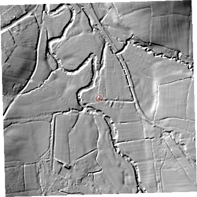 Shaded relief map of the ground around EX203LT, computed from Environment Agency LiDAR. The ground here sits at about 69 m above sea level and falls 26 m across the surrounding 800 m. Surface water reaching this point runs off ground lying to the east-south-east, 10.4 m higher.