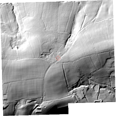 Shaded relief map of the ground around EX203LU, computed from Environment Agency LiDAR. The ground here sits at about 120 m above sea level and falls 48 m across the surrounding 800 m. Surface water reaching this point runs off ground lying to the west-south-west, 15.0 m higher.