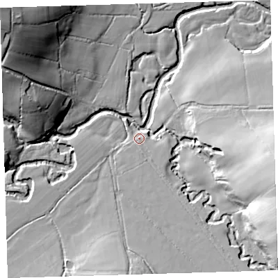 Shaded relief map of the ground around EX203LX, computed from Environment Agency LiDAR. The ground here sits at about 86 m above sea level and falls 41 m across the surrounding 800 m. Surface water reaching this point runs off ground lying to the south-east, 7.8 m higher.