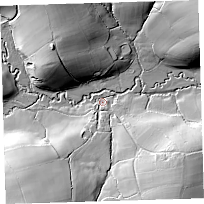 Shaded relief map of the ground around EX203NE, computed from Environment Agency LiDAR. The ground here sits at about 110 m above sea level and falls 46 m across the surrounding 800 m. Surface water reaching this point runs off ground lying to the south-west, 42.2 m higher.