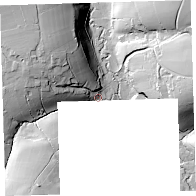 Shaded relief map of the ground around EX203NR, computed from Environment Agency LiDAR. The ground here sits at about 117 m above sea level and falls 65 m across the surrounding 800 m. Surface water reaching this point runs off ground lying to the west-north-west, 34.7 m higher.
